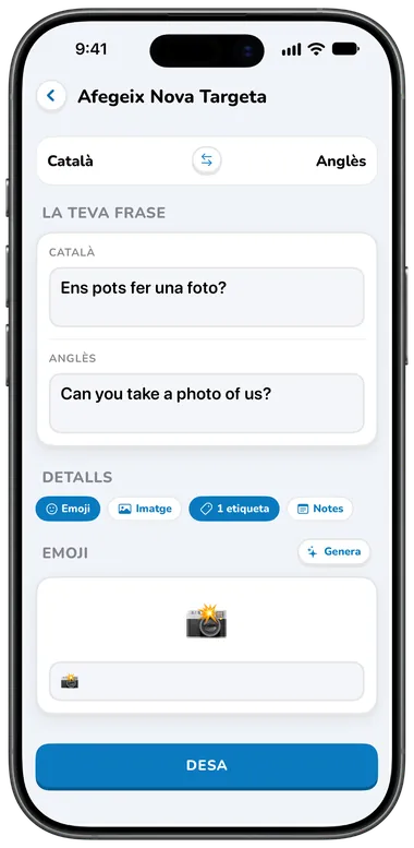 Pantalla Afegeix targeta: «Ens pots fer una foto?» traduït a l’anglès