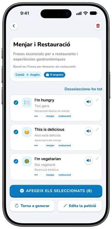 Col·lecció amb IA Menjar i Restauració amb targetes com «I’m hungry» i «This is delicious»