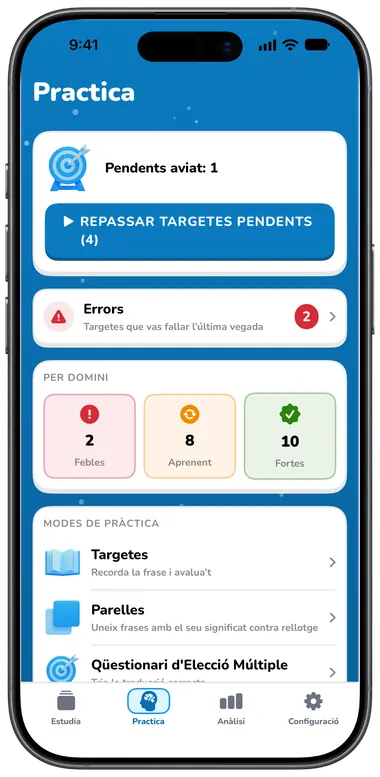 Pestanya Practica amb Repassar targetes pendents, els errors i els modes de pràctica