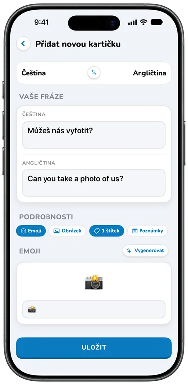 Obrazovka přidání kartičky: „Můžeš nás vyfotit?“ přeloženo do angličtiny