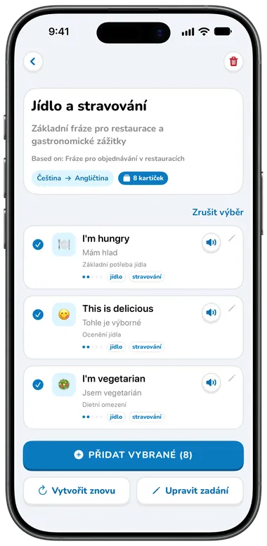 AI kolekce Jídlo a stravování s kartičkami jako „I'm hungry“ a „This is delicious“