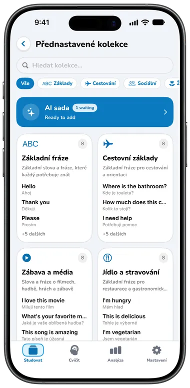 Obrazovka Přednastavené kolekce se Základními frázemi, Cestovními základy a dalšími
