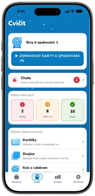 Karta Cvičit se zopakováním karet na řadě, chybami a režimy procvičování