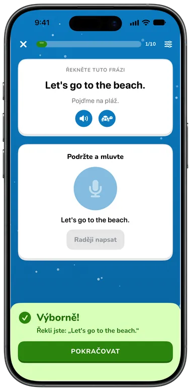 Cvičení Mluvení: řekněte „Let's go to the beach.“, správně rozpoznáno
