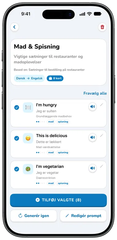 AI-genereret samling Mad & Spisning med kort som “I’m hungry” og “This is delicious”