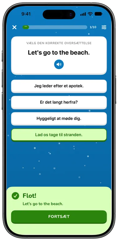 Flervalgsøvelse: “Let’s go to the beach.” besvaret rigtigt med “Lad os tage til stranden.”