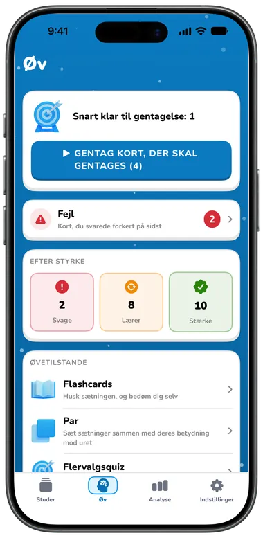 Fanen Øv med kort til repetition, fejl og øvelsestilstande