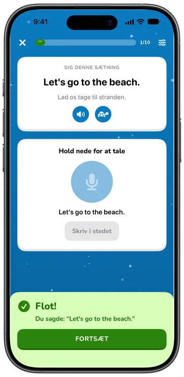 Taleøvelse: sig “Let’s go to the beach.”, genkendt korrekt