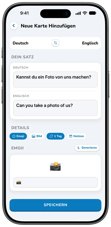 Bildschirm „Karte hinzufügen“ mit automatischer Übersetzung