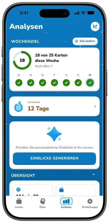 Analysen-Tab mit Wochenziel und Lernstatistiken