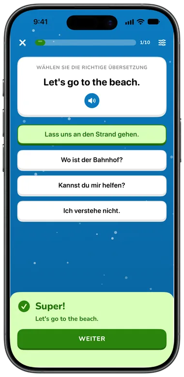 Multiple-Choice-Übung: „Let’s go to the beach.“ richtig mit „Lass uns an den Strand gehen.“ beantwortet