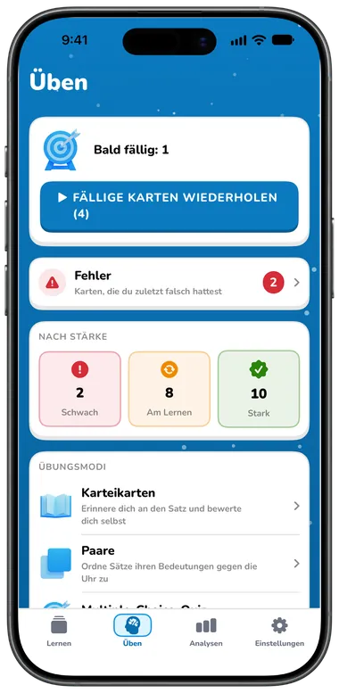 Üben-Tab mit „Fällige Karten wiederholen“, Fehlern und Übungsmodi