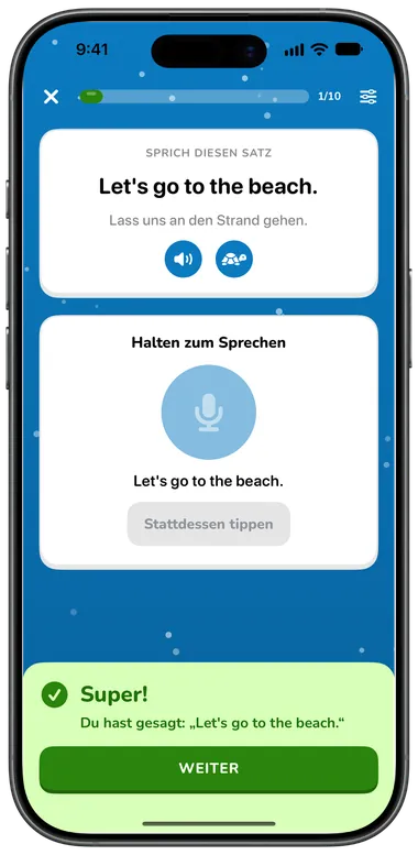 Sprechübung: „Let’s go to the beach.“ sagen, richtig erkannt
