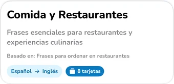 Encabezado de la colección con IA: Comida y Restaurantes, frases esenciales para restaurantes y experiencias culinarias