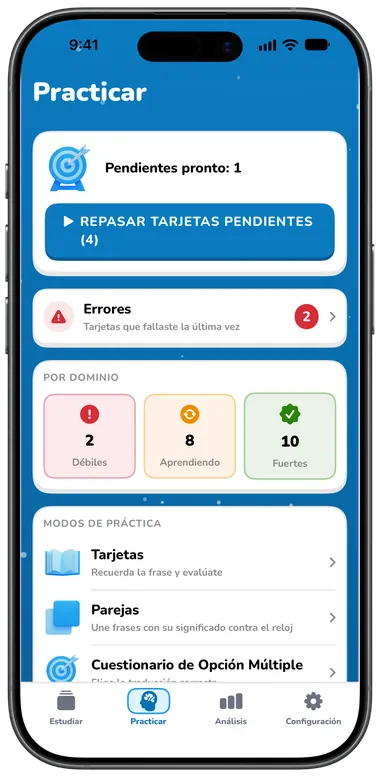 Pestaña Practicar con Repasar tarjetas pendientes, errores y modos de práctica