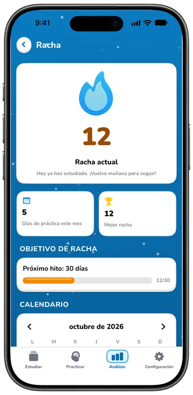 Pantalla Racha con una racha de 12 días y un calendario