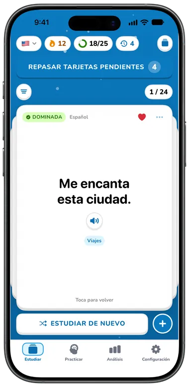 Una tarjeta volteada que muestra el significado en español