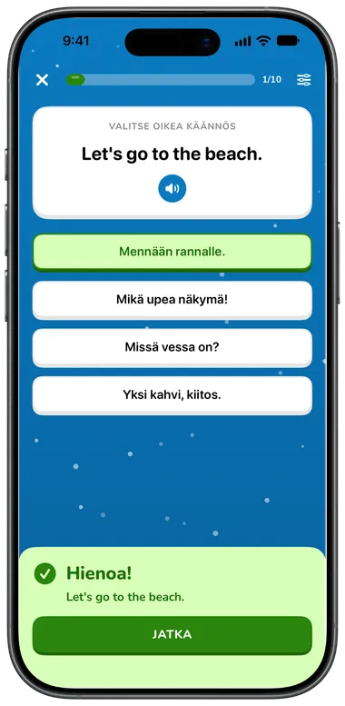 Monivalintatehtävä: ”Let's go to the beach.” vastattu oikein ”Mennään rannalle.”