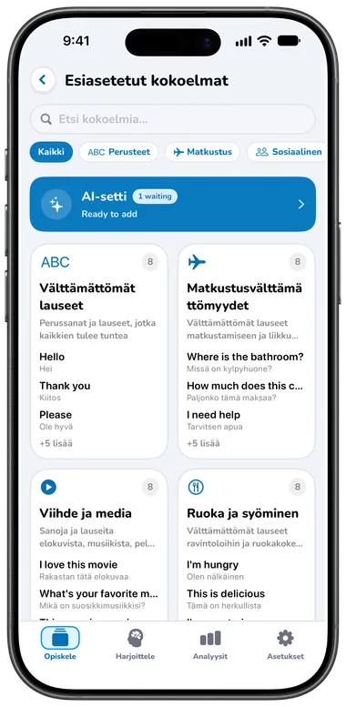 Esiasetetut kokoelmat -näkymä