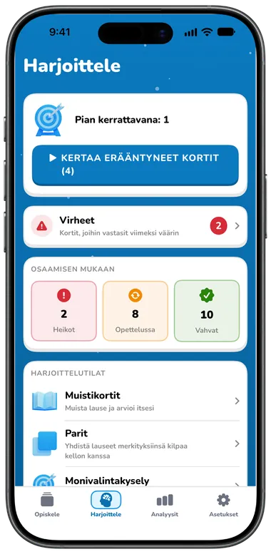 Harjoittele-välilehti, jossa Kertaa erääntyneet kortit, virheet ja harjoittelutilat
