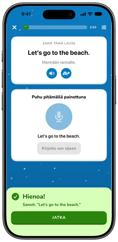 Puhu-tehtävä: sano ”Let's go to the beach.”, tunnistettu oikein