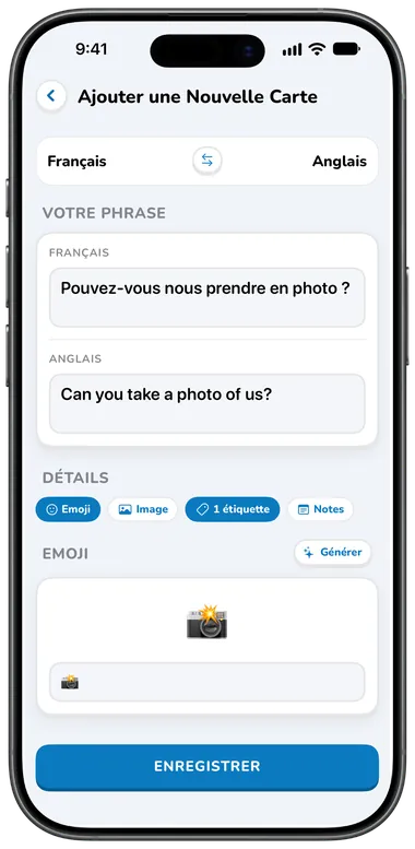 Écran Ajouter une carte : « Pouvez-vous nous prendre en photo ? » traduit en anglais