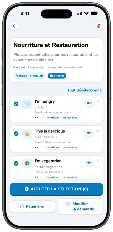 Collection IA Nourriture et Restauration avec des cartes comme « I’m hungry » et « This is delicious »