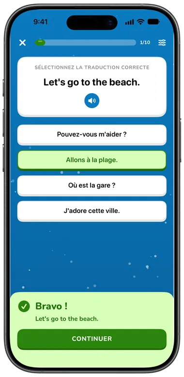 Quiz à choix multiples : « Let’s go to the beach. » avec la bonne réponse « Allons à la plage. »