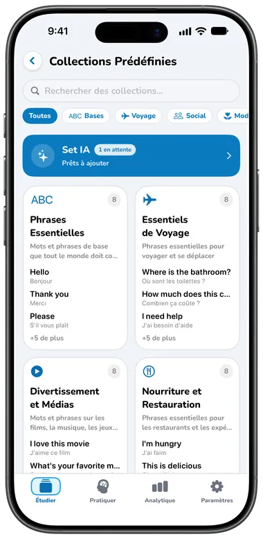 Écran Collections prédéfinies avec Phrases essentielles, Essentiels de voyage et d’autres