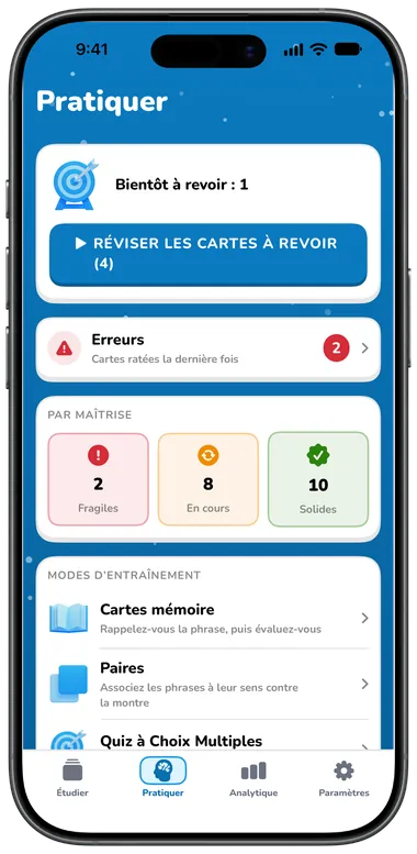 Onglet Pratiquer avec Réviser les cartes à revoir, les erreurs et les modes d’entraînement