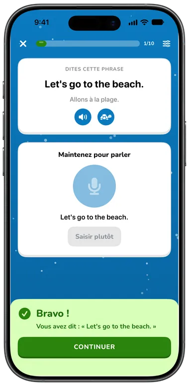 Exercice Oral : dire « Let’s go to the beach. », reconnu correctement