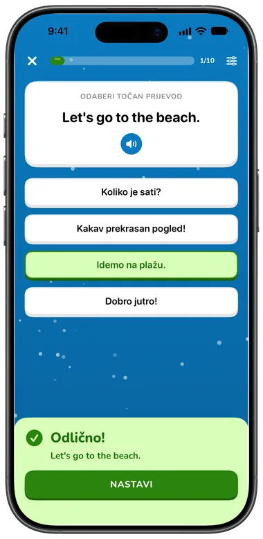 Vježba višestrukog izbora: „Let's go to the beach.“ točno odgovoreno s „Idemo na plažu.“