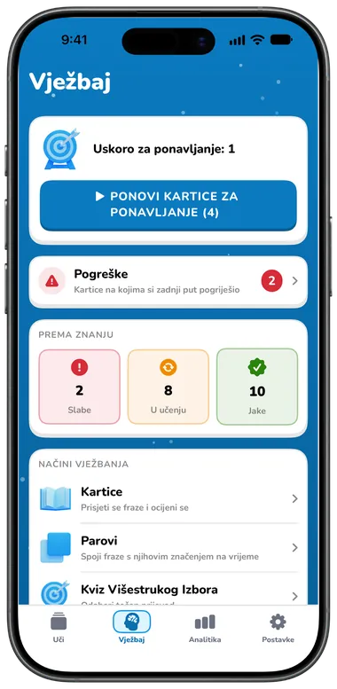 Kartica Vježbaj s Ponovi kartice za ponavljanje, pogreškama i načinima vježbanja