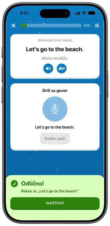 Vježba govora: izgovorite „Let's go to the beach.“, točno prepoznato