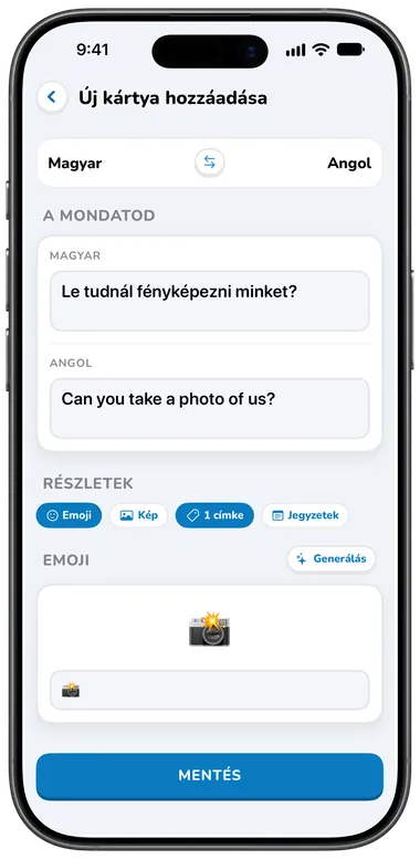 Új kártya hozzáadása képernyő automatikus fordítással