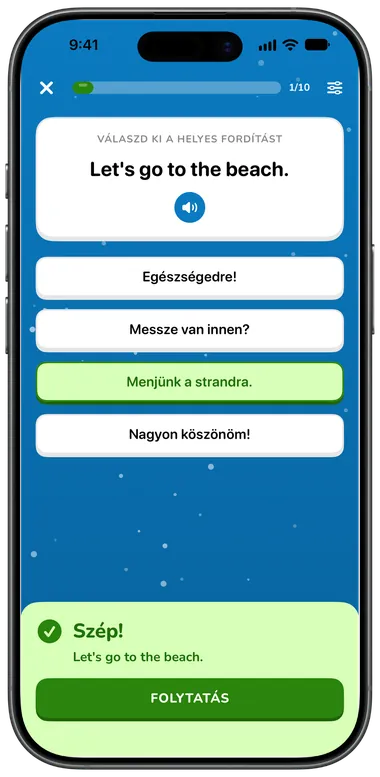 Többválasztós feladat: „Let's go to the beach.” helyesen megválaszolva: „Menjünk a strandra.”