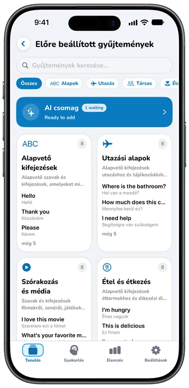 Előre beállított gyűjtemények képernyő