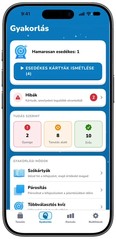 Gyakorlás lap az Esedékes kártyák ismétlése gombbal, a hibákkal és a gyakorlási módokkal