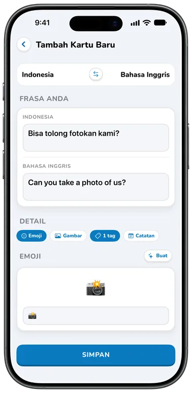 Layar Tambah Kartu Baru dengan terjemahan otomatis ke bahasa Inggris