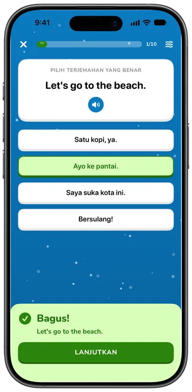 Latihan pilihan ganda: “Let's go to the beach.” dijawab benar dengan “Ayo ke pantai.”