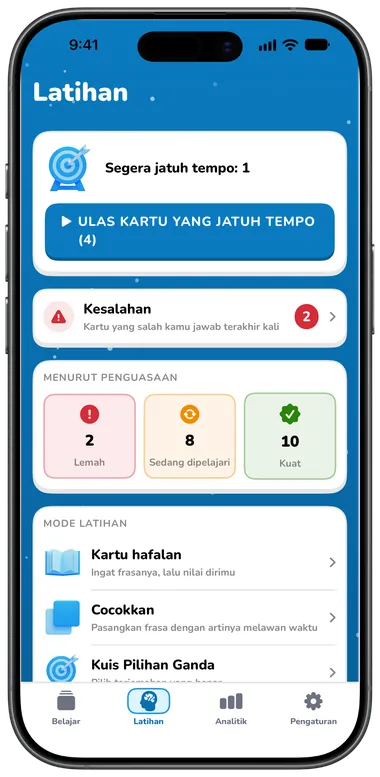 Tab Latihan dengan Ulas kartu yang jatuh tempo, Kesalahan, dan mode latihan