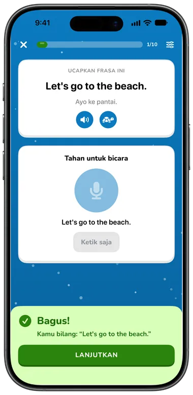 Latihan Bicara: ucapkan “Let's go to the beach.”, dikenali dengan benar
