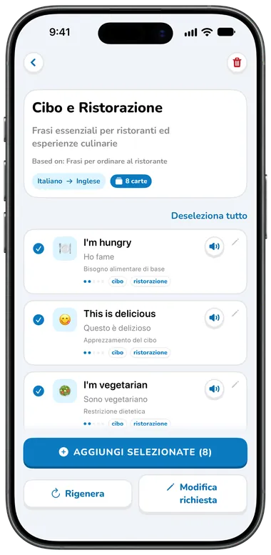 Collezione IA Cibo e Ristorazione con carte come “I’m hungry” e “This is delicious”