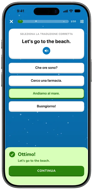 Quiz a scelta multipla: “Let’s go to the beach.” con la risposta corretta “Andiamo al mare.”