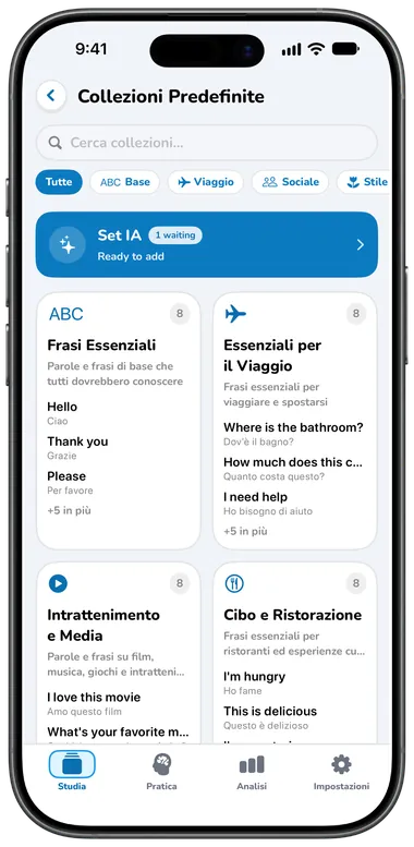 Schermata Collezioni Predefinite con Frasi Essenziali, Essenziali per il Viaggio e altre