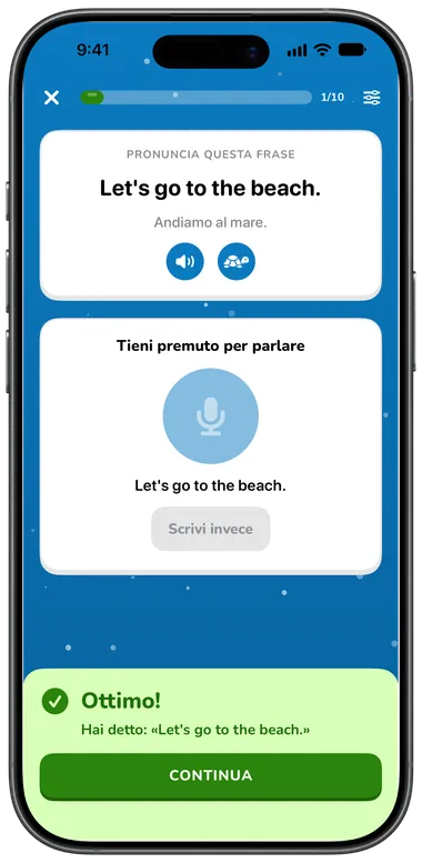 Esercizio Pronuncia: dire “Let’s go to the beach.”, riconosciuto correttamente