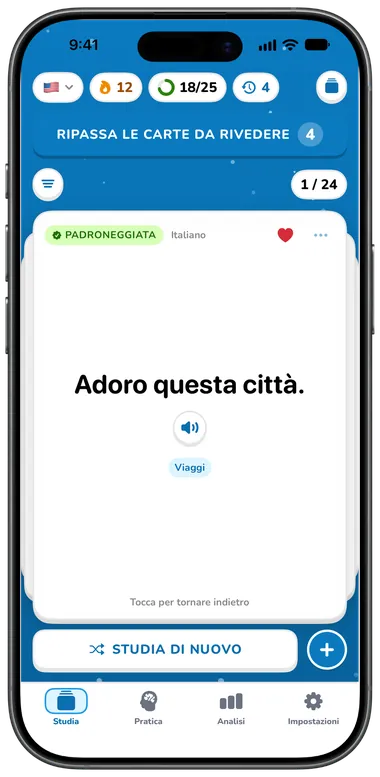 Una carta girata che mostra il significato in italiano
