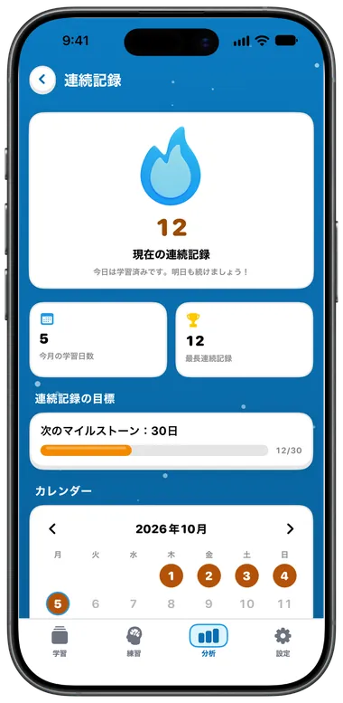 12日の連続記録とカレンダーが表示された連続記録画面