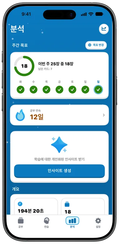 주간 목표와 학습 통계가 보이는 분석 탭