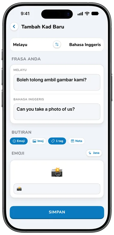 Skrin Tambah Kad Baru dengan terjemahan automatik ke Bahasa Inggeris